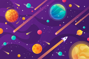 Cartoon space background with abstract shape and planets. Falling asteroids. Purple background. Vector illustration.