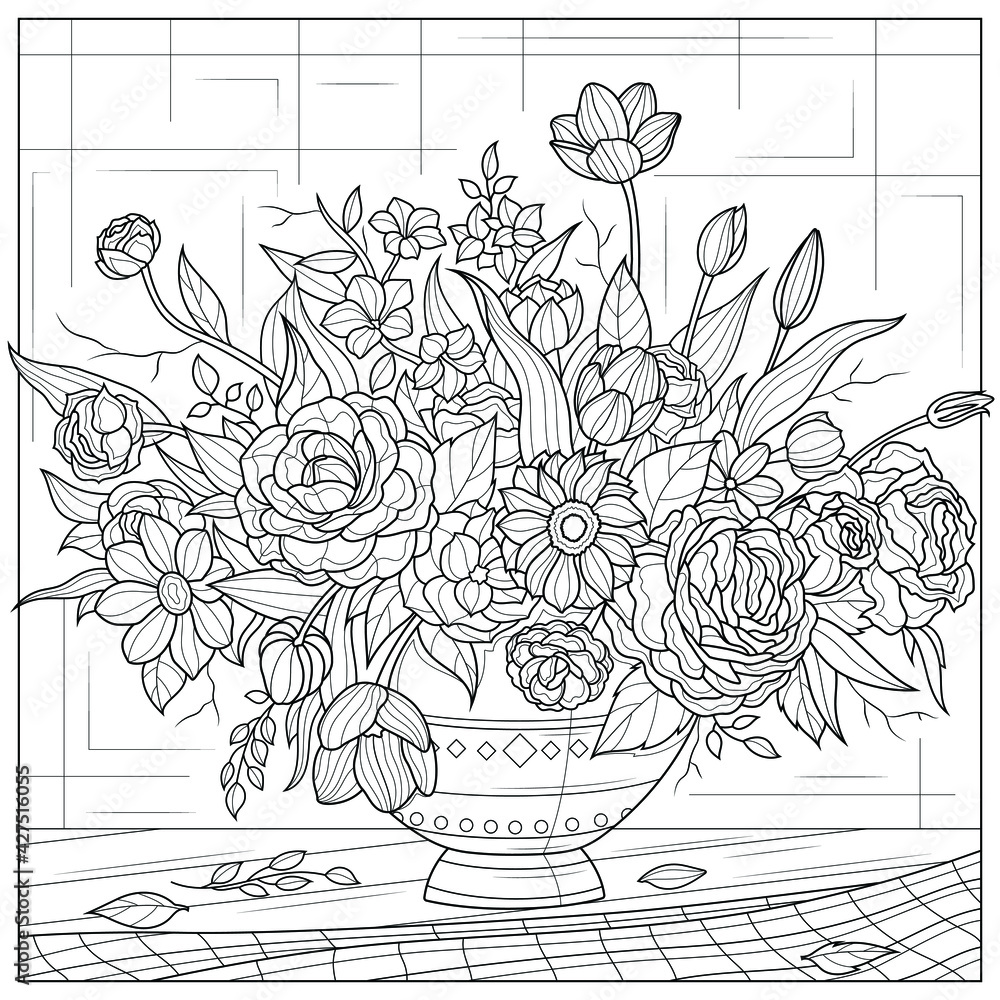 Bouquet of flowers in a vase.Coloring book antistress for children and ...