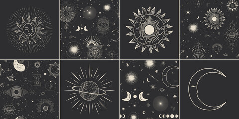 Vector illustration set of moon phases. Different stages of moonlight activity in vintage engraving style. Zodiac Signs, shining crystals, female hand