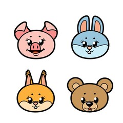 Wall Mural - Cute cartoon muzzle baby pig,rabbit, bear and squirrel color variation for coloring page isolated on white background