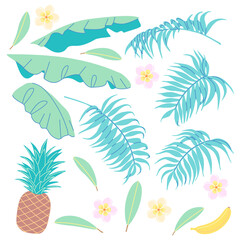 Wall Mural - Banana leaves, palm fronds, pineapple and plumeria flower