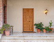 elegant house front external natural wood door and flowerpots, Athens Greece