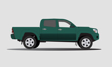 This Is A Realistic Green Pickup Vector. White Background Perspective View With Isolated