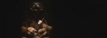 Panoramic Low Key Portrait Of A Bearded War Shaman In Bearskin With An Ancient Ax In His Hands. High Quality Cosplay Of The Ancient Werewolf War