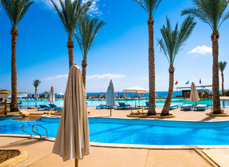 Wall Mural - Beatiful clear swimming pool with palms at sunny place in hotel