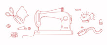 Sewing Machine And Sewing Accessories. Doodle Style, Vector. Isolated Background.