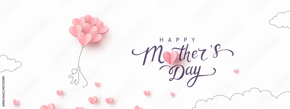Mother's Day postcard with flying man and pink balloons on white background. Vector paper symbols of love in shape of heart for greeting card design - obrazy, fototapety, plakaty 