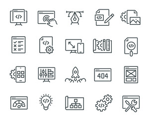 Web Development Icons Set. Such as Project Launch, Website Customization And Design, Testing, Code Hierarchy, Mobile Application, Layout and other. Editable vector stroke.