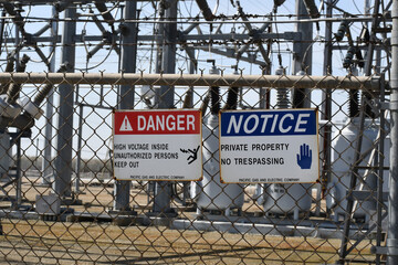 Caution signs on the transformer station