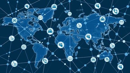 Wall Mural - vector background. dark blue map of planet earth with social icons. global internet. technology and 