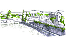 Hand Drawn Sketch Of Suburban Area And Railway Passing By. Infrastructure And Houses. Industrial Zone With Vegetation. 