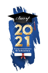 Gold design for graduation. Class of 2021. Congratulation event, T-shirt, logo, party, high school or college graduate. Lettering for greeting, invitation card  invitation etc. Vector illustration