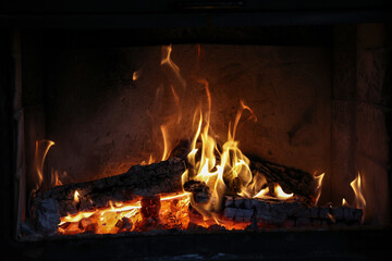 Poster - Nice fireplace with burning firewood