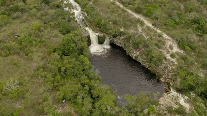 Wall Mural - aerial image with drone of the waterfall with large volume of water in Chapada dos Veadeiros