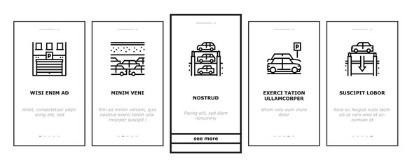 Wall Mural - Underground Parking Onboarding Mobile App Page Screen Vector. Underground Multilevel Parking Building, Barrier And Automatical Gate, Elevator Lifting Transport Illustrations