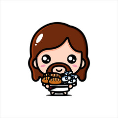 cute cartoon jesus vector design holding fish and bread