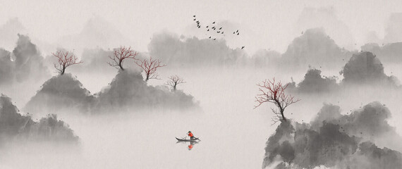 Wall Mural - Hand painted Chinese ink landscape