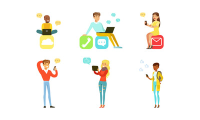 Sticker - People Using Modern Gadgets Set, Young Men and Women Chatting and Communicating with Smartphone, Tablet PC and Laptop Computers Cartoon Vector Illustration