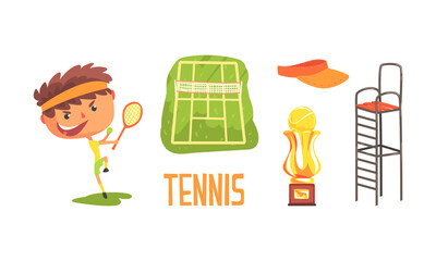 Canvas Print - Boy Tennis Player and Sport Related Objects Set, Tennis Court, Winner Cup, Judge Chair Cartoon Vector Illustration