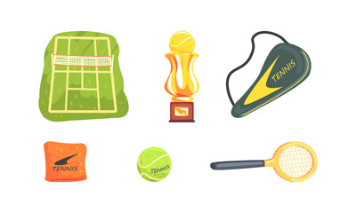 Poster - Tennis Sport Objects Set, Tennis Court, Racket, Ball, Winner Cup Cartoon Vector Illustration