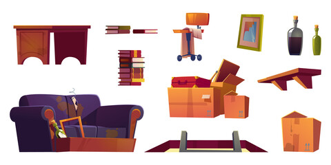 Old furniture stored on house attic. Hatch with ladder, wooden shelf, sofa with torn upholstery and dirty cardboard boxes with junk. Vector cartoon set with chair, book stack, table and broken frame