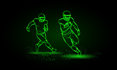 Wall Mural - American football players. Runaway player with ball and the catching player behind. Green Neon American football Sports Vector Illustration.