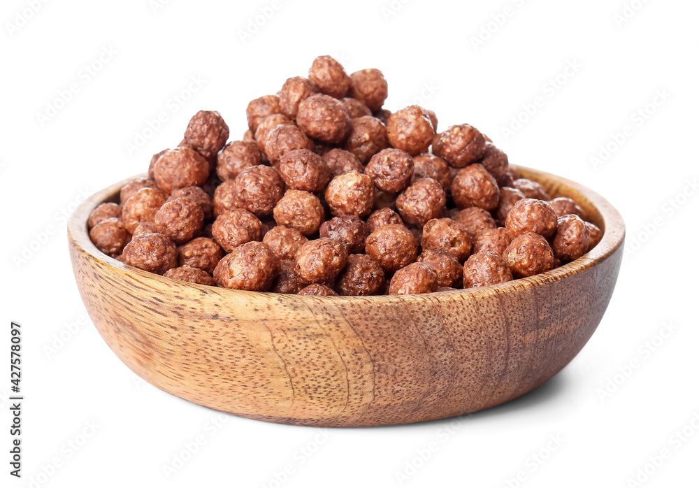 Bowl with chocolate corn balls on white background