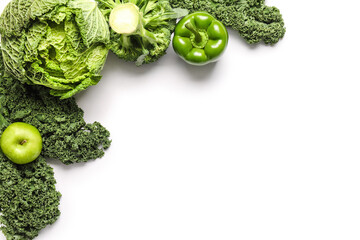 Fresh green vegetables on white background