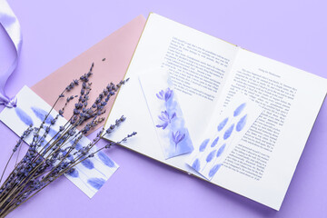 Poster - Book with bookmarks and lavender on color background