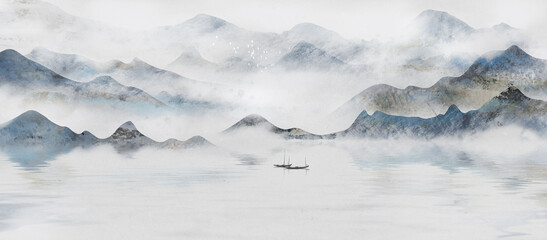  Hand painted Chinese style blue landscape illustration