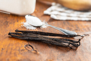 Poster - Vanilla pods. Sticks of vanilla with white sugar.