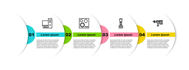 Canvas Print - Set line Computer monitor, Gas stove, Blender and Rotary hammer drill machine. Business infographic template. Vector