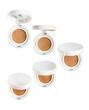 Set of 5 Foundation cushion powder with various open lids. Cosmetic face powder isolated on white background