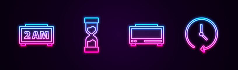 Set line Digital alarm clock, Old hourglass, and Clock. Glowing neon icon. Vector