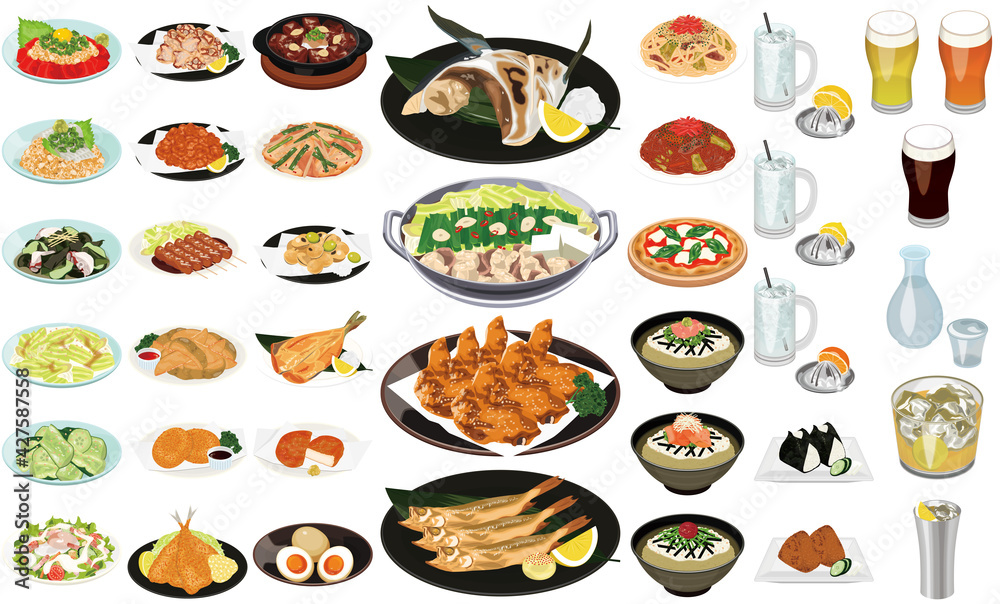 居酒屋の人気メニューイラスト もつ鍋 手羽先 ぶりカマ ビール ハイボール レモンサワー Alcohol Wall Mural Alcoh Tomoki