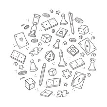 Hand Drawn Set Of Board Game Element, Cards, Chess, Hourglass, Chips, Dice, Dominoes. Doodle Sketch Style. Isolated Vector Illustration For Board Game Shop, Store, Game Competition.