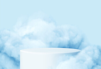 blue background with a product podium surrounded by blue clouds. smoke, fog, steam background. vecto