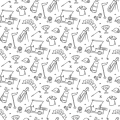 Golf seamless pattern - club, ball, flag, bag and golf cart in doodle style. Hand drawn vector illustration on white background