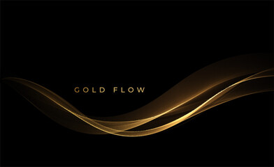 Abstract Gold Waves. Shiny golden moving lines design element with glitter effect on dark background for greeting card and disqount voucher.