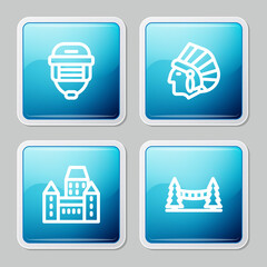 Sticker - Set line Hockey helmet, Native American Indian, Chateau Frontenac hotel and Capilano Suspension Bridge icon. Vector