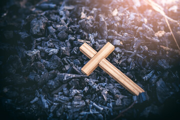 Cross in charcoal, Jesus cross, Easter, resurrection concept, symbol of sacrifice, burnt offering, Religion concept.