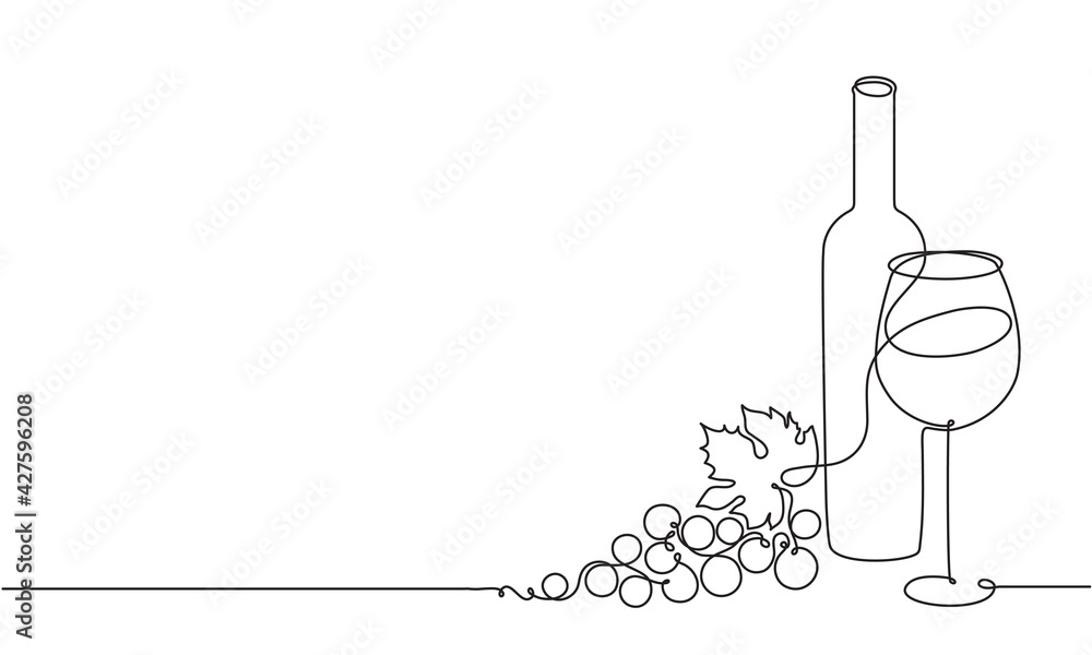Wine glass, a bottle of wine and grapes. Still life. Sketch. Draw a continuous line. Decor - obrazy, fototapety, plakaty 