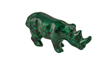 Handmade Malachite Rhinoceros. Located On A White Background. African Toys And Souvenirs From Ornamental Stone. Side View