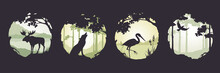 Fairy Forest With Wild Animals. Landscapes With Elk, Heron And Wolf. Nature In A Frame Of Trees. Three Vector Illustrations.