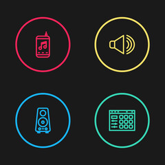 Wall Mural - Set line Stereo speaker, Drum machine, Speaker volume and Music player icon. Vector