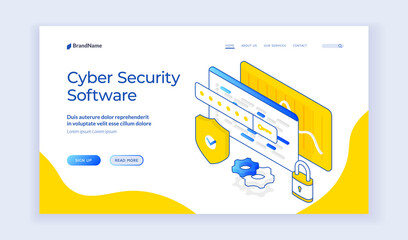 Wall Mural - cyber security software. isometric icons of shield and protection signs for web page offering inform
