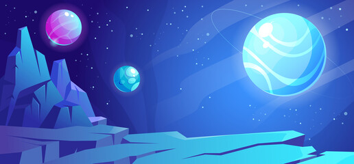 Wall Mural - space background with planet landscape, stars, satellites and alien planets in sky. vector cartoon f