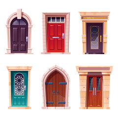 Wall Mural - Wooden doors, medieval and modern style entries with stone doorjambs, metal handles and slot for mail. Architecture objects, cottage or castle exterior design elements, Cartoon vector illustration set