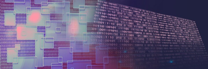 2d geometric shapes and computer code against gradient background, program coding concept