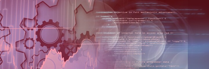 Machine gears and computer code against gradient background, technology and program coding concept